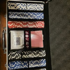 BCG Poker Chip Set in Black, Red, White, and Blue Chips, Playing Cards, And Dice